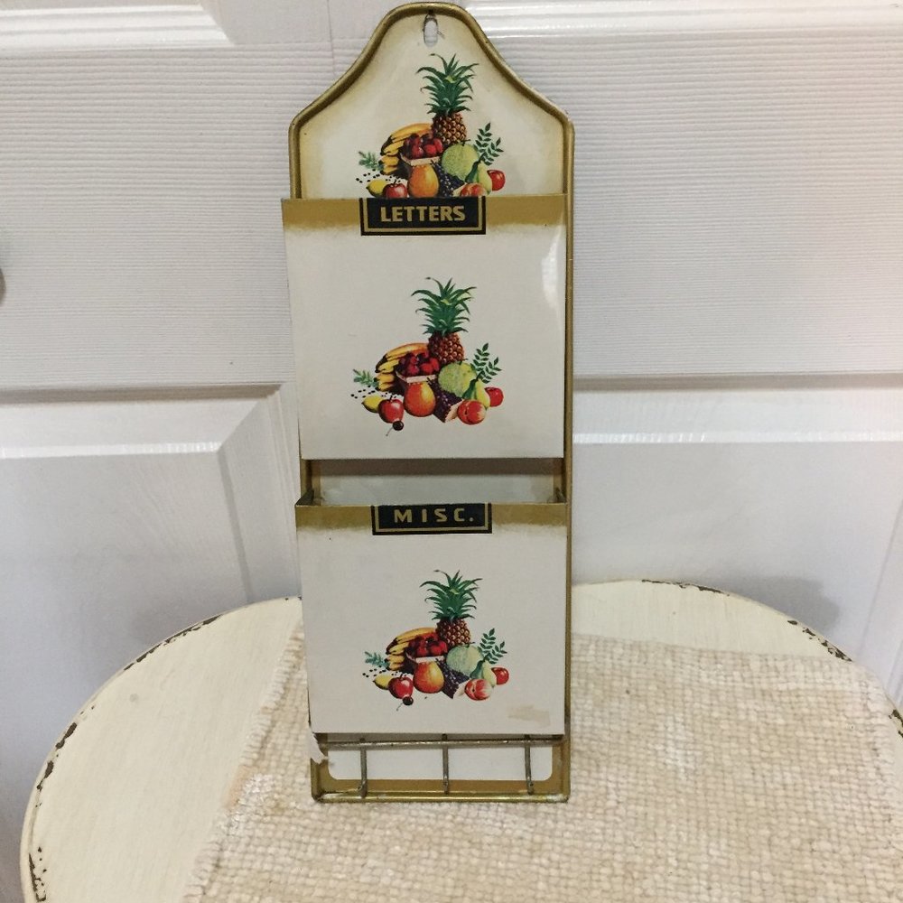 Vintage MCM Tin Metal Kitchen Fruit Litho 2 Slot Letter Mail Holder w/Key Hooks